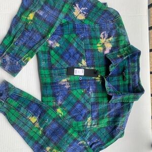Fashion Nova Green and Blue Plaid Button-Down Shirt with Yellow Accents